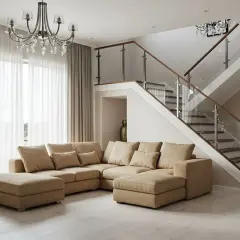 Elegancki żyrandol do pokoju 20m2, pasujący do nowoczesnego salonu z wygodną kanapą i schodami.