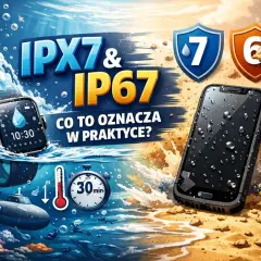 IP67 co oznacza? Smartwatch i smartfon zanurzone w wodzie, symbolizujące wodoodporność. Podwodny świat z łodzią podwodną i stoperem.