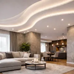 Nowoczesne wnętrze z falującym sufitem i oświetleniem punktowym bez sufitu podwieszanego. Wygodna sofa, stolik kawowy i jadalnia w tle.