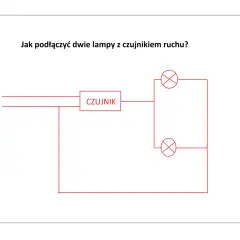 Schemat pokazuje, jak podłączyć czujnik ruchu do kilku lamp. Zasilanie L i N przechodzi przez czujnik, a następnie zasila dwie lampy połączone równolegle.