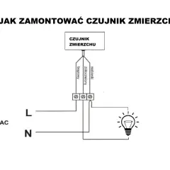Schemat pokazuje, jak podłączyć czujnik zmierzchu do lampy. Podłącz przewód fazowy (L) i neutralny (N) do odpowiednich zacisków czujnika, a następnie do lampy.