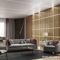 Nowoczesny salon z oświetleniem LED na suficie i drewnianej ścianie. Dowiedz się, jak zamontować ledy w pokoju, by uzyskać taki efekt.