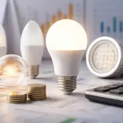 Żarówki LED i tradycyjne, monety i kalkulator na tle wykresów. Ile watów ma 13w LED?