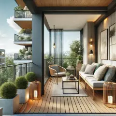Nowoczesny balkon z wygodną sofą i fotelem. Jak zawiesić lampki na balkonie? Wystarczy postawić je w ozdobnych latarenkach, by stworzyć przytulny klimat.