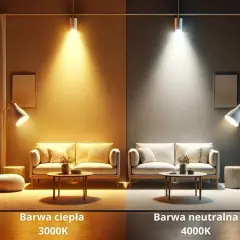 Porównanie oświetlenia: ciepłe 3000K po lewej, barwa neutralna 4000K po prawej. Wnętrze z sofami i lampami.