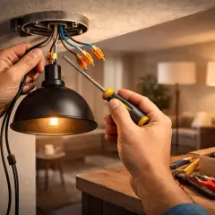 Ręce montują czarną lampę sufitową, podłączając 2 kable. W tle widać salon z lampami stojącymi.