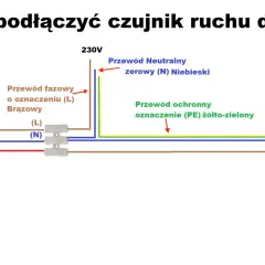 Schemat podłączenia czujnika ruchu 12v do lampy. Pokazuje przewody fazowy (brązowy), neutralny (niebieski) i ochronny (żółto-zielony).
