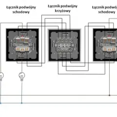 Schemat połączeń dla włącznika schodowego potrójnego z łącznikiem krzyżowym.