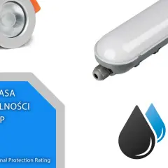 Klasa szczelności IP43 dla lampy natynkowej i hermetycznej. Odporność na kurz i zachlapania.