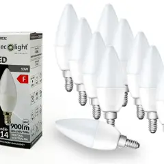 Zestaw żarówek LED typu świeca z małym gwintem E14. Opakowanie zawiera 10 sztuk, każda o mocy 10W.