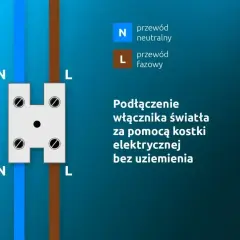 Schemat pokazuje, jak podłączyć włącznik do lampki nocnej za pomocą kostki elektrycznej. Przewód neutralny (N) i fazowy (L) są podłączane do odpowiednich zacisków.