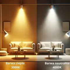 Porównanie barw światła: ciepła 3000K i neutralna 4000K. Salon wygląda przytulnie w cieplejszym świetle, a bardziej nowocześnie w neutralnym.