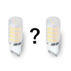 Dwie żarówki G9 12V LED obok znaku zapytania.