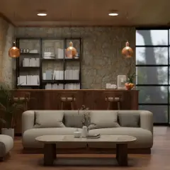 Przytulny salon z kamienną ścianą, gdzie oświetlenie kamienia dekoracyjnego tworzy ciepłą atmosferę. Wygodna sofa i fotel zapraszają do relaksu.