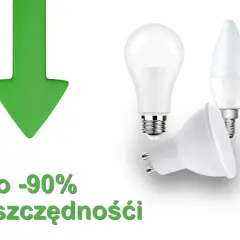 Oszczędzaj do 90% energii dzięki nowoczesnym żarówkom z małym gwintem. Zielona strzałka w dół symbolizuje oszczędności.