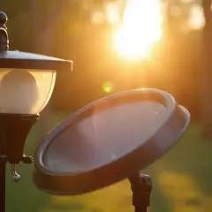 Pierwsze uruchomienie lampy solarnej. Ciepłe światło zachodzącego słońca oświetla panel i klosz.