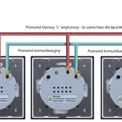 Schemat połączeń włącznika schodowego dotykowego. Pokazuje przewody fazowe, neutralny i komunikacyjne.
