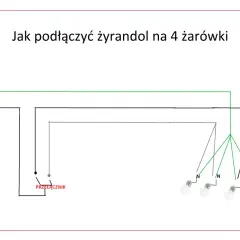 Schemat pokazuje, jak podłączyć żyrandol na 4 żarówki. Linie L i N łączą się ze przełącznikiem, a następnie z żarówkami.