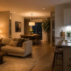 Przytulny salon z sofą, jadalnia i kuchnia. Ciepłe światło o barwie kelwiny tworzy przytulną atmosferę, a odpowiednie rozmieszczenie lumenów podkreśla detale.