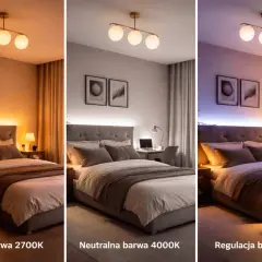 Sypialnia z różnym oświetleniem: ciepła barwa 2700K, neutralna 4000K i regulacja CCT. Różne **lumeny a luxy** tworzą atmosferę.