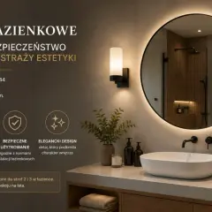 Nowoczesna łazienka z okrągłym lustrem i kinkietami IP44. Oświetlenie zapewnia bezpieczeństwo i elegancki design.