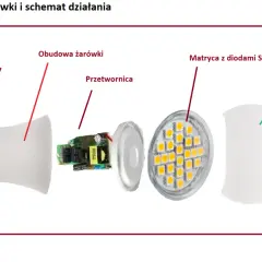 Schemat żarówki LED 230V: trzonek E27, obudowa, przetwornica, matryca z diodami SMD i mleczny klosz.