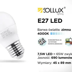 Żarówka LED E27 Sollux 7,5W, zimna barwa 4000K. To nowoczesne oświetlenie, które zastąpi żarówkę halogenową 65W.