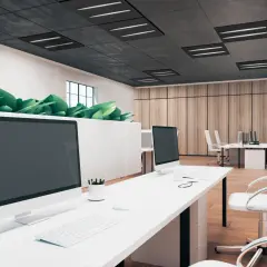 Nowoczesne biuro z zielenią i w-led vs led oświetleniem sufitowym.