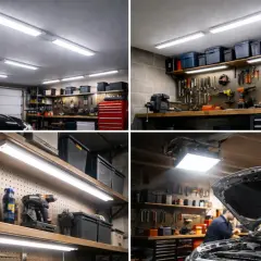 Jasne, oto opis:

Jasny garaż z wieloma lampami LED. Widać samochód, narzędzia na ścianie i półki z pojemnikami. Idealne oświetlenie, gdy zastanawiasz się, jakie lampy do garażu wybrać.