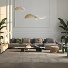 Eleganckie oświetlenie wysokiego salonu podkreśla nowoczesny design z sofami, roślinami i stylowymi lampami.