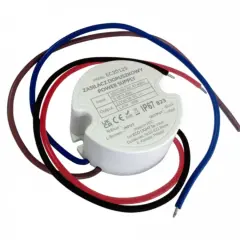 Biały zasilacz dopuszkowy 20W z przewodami wejściowymi i wyjściowymi. Model EC20125, IP67.