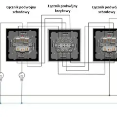 Schemat instalacji elektrycznej z dwoma łącznikami schodowymi i jednym krzyżowym. Podwójny przełącznik schodowy steruje dwoma żarówkami.