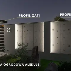 Nowoczesne oświetlenie ogrodzenia z betonowymi panelami, bramą i kulą ogrodową.
