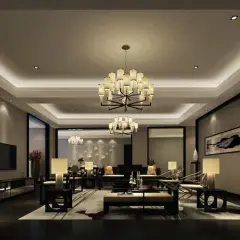 Eleganckie wnętrze z różnymi rodzajami lamp: żyrandolami, kinkietami i lampami stołowymi, tworzącymi przytulną atmosferę.