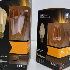 Żarówka LSC Connect 806 lumenów pobiera 7W. Opakowania żarówek LED.