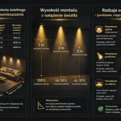 Dobór mocy i strumienia świetlnego (lumenów) do powierzchni pomieszczenia. Tabela pokazuje, ile lumenów potrzeba na 10, 20 i 30 m².