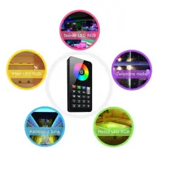 Pilot do inteligentny dom systemy steruje oświetleniem LED RGB: taśmami, półkami, meblami, kasetonem z łuną i gwiezdnym niebem.