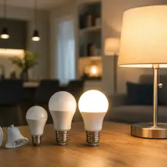 Różne rodzaje żarówek, od reflektorowych po kuliste LED, prezentowane na drewnianym stole.