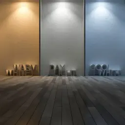 Trzy sekcje ściany oświetlone różnymi barwami: ciepłą bielą, światłem dziennym i chłodną bielą. Litery "WARM WHITE", "DAY LIGHT", "COOL WHITE" na podłodze. CCT co to? Różne barwy światła.