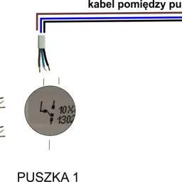 Schemat instalacji elektrycznej. Widoczny symbol łącznika schodowego, kable zasilające i oświetleniowe, puszki elektryczne.