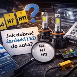 Jak działa żarówka LED? Na zdjęciu widzimy różne typy żarówek samochodowych (H4, H7, H11), instrukcję i telefon z aplikacją.