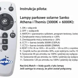 Pilot do lamp solarnych Sanko. Przycisk "MATCH" służy do parowania, ułatwiając pierwsze uruchomienie lampy solarnej.