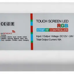 Biały sterownik RGB LED z dotykowym ekranem, zasilanie 12-24V, obsługa 16 milionów kolorów.