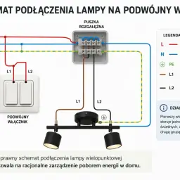 Schemat podłączenia lampy na podwójny włącznik. Pokazuje połączenie fazy, neutralnego i przewodu ochronnego do włącznika i lampy.