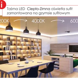 Taśma LED do sufitu podwieszanego pokazuje różne barwy światła: od ciepłej 2200K, przez neutralną 4000K, po zimną 6000K.
