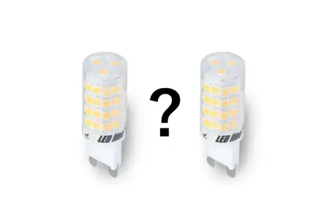 Dwie żarówki G9 12V LED obok znaku zapytania.