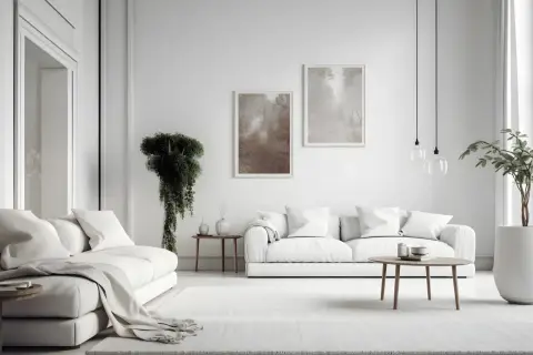 Minimalistyczny salon w stylu "cool white" - co to znaczy? Biel dominuje, tworząc przestronną, jasną atmosferę. Dwie sofy, stoliki, rośliny i obrazy.