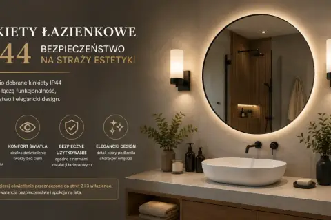 Nowoczesna łazienka z okrągłym lustrem i kinkietami IP44. Oświetlenie zapewnia bezpieczeństwo i elegancki design.