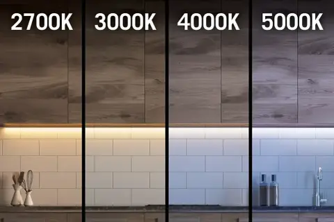 Porównanie barw światła: 2700K, 3000K, 4000K, 5000K. Ciepłe, neutralne i zimne odcienie oświetlenia kuchni.