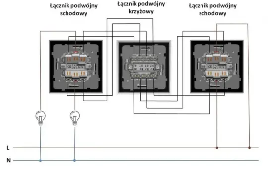 Schemat instalacji elektrycznej z użyciem łącznika podwójnego krzyżowego do sterowania oświetleniem schodowym.